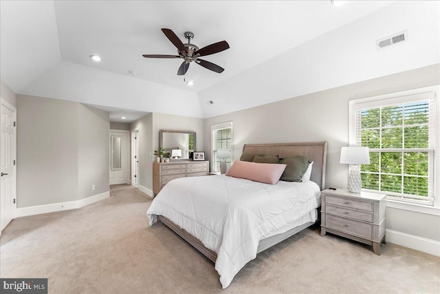 203 Geist View Cir, Media, PA 19063 - bedroom featuring light carpet, recessed lighting, lofted ceiling, and ceiling fan