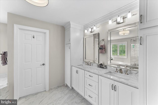 203 Geist View Cir, Media, PA 19063 - bathroom with double vanity, marble look tile flooring, a tub to relax in, and a shower