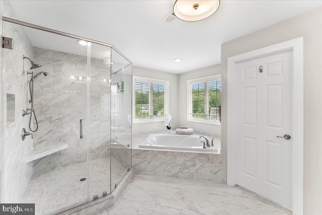 203 Geist View Cir, Media, PA 19063 - full bathroom with a bath, a marble finish shower, marble finish floors, and recessed lighting