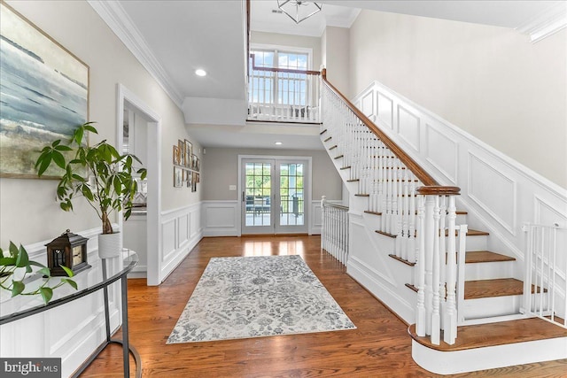 203 Geist View Cir, Media, PA 19063 - foyer entrance featuring a decorative wall, stairway, crown molding, french doors, and wood finished floors
