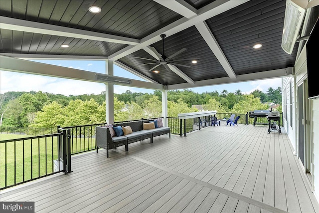 203 Geist View Cir, Media, PA 19063 - wooden terrace featuring a ceiling fan, a yard, view of wooded area, and grilling area