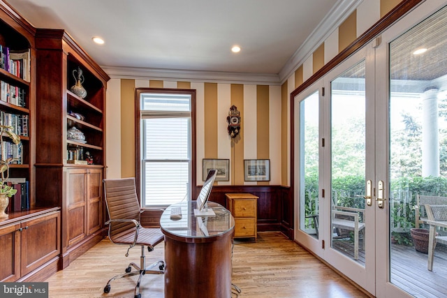 1829 47th Pl NW, Washington, DC 20007 - office area with ornamental molding, wainscoting, light wood-type flooring, french doors, and recessed lighting