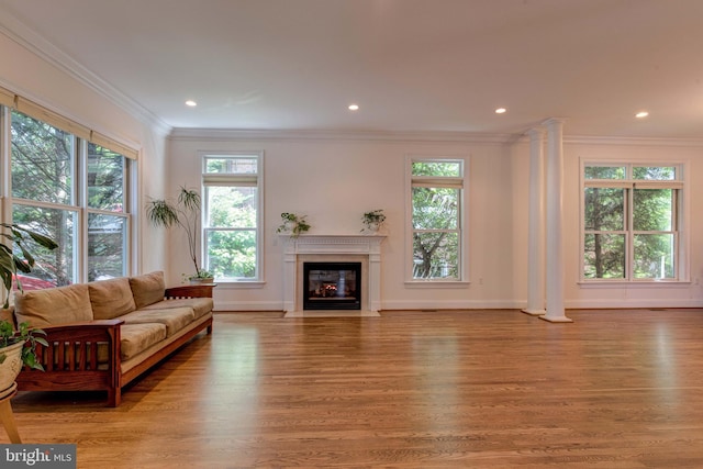 1829 47th Pl NW, Washington, DC 20007 - living area featuring light wood-type flooring, a fireplace with flush hearth, ornamental molding, and recessed lighting