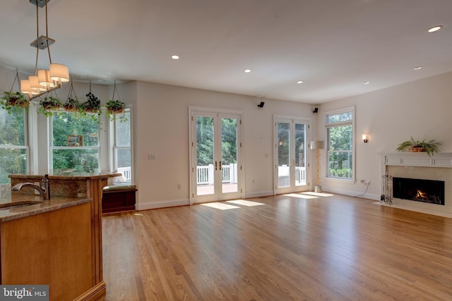 1829 47th Pl NW, Washington, DC 20007 - unfurnished living room with french doors, light wood-style floors, a premium fireplace, and recessed lighting