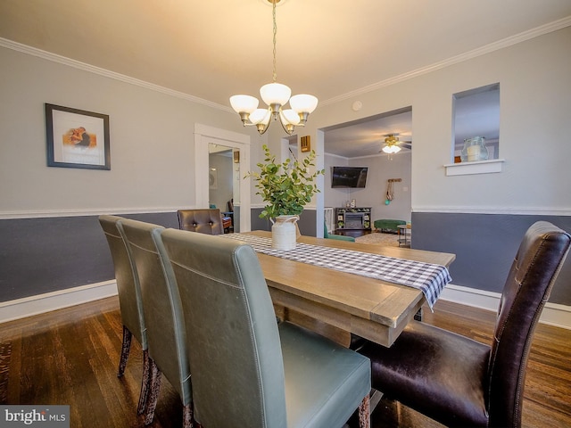 121 Wayne Ave, Springfield, PA 19064 - dining space featuring wood finished floors, a chandelier, crown molding, and a ceiling fan