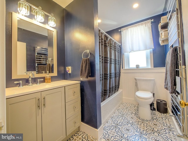 121 Wayne Ave, Springfield, PA 19064 - full bathroom with vanity, shower / tub combo with curtain, wainscoting, tile patterned floors, and recessed lighting