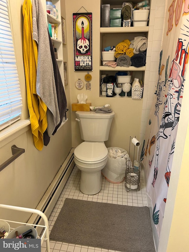 1220 Pine St, Philadelphia, PA 19107 - bathroom featuring curtained shower, baseboard heating, and tile patterned flooring