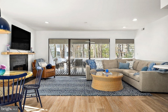 8002B Brighton Trl, Bethany Beach, DE 19930 - living area with a fireplace, wood finished floors, and recessed lighting