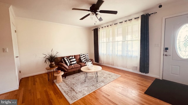 2323 Flag Marsh, Mount Airy, MD 21771 - living area with a ceiling fan, wood finished floors, and ornamental molding