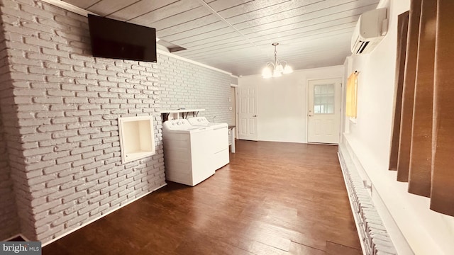 2323 Flag Marsh, Mount Airy, MD 21771 - laundry room featuring a wall mounted air conditioner, a chandelier, brick wall, dark wood-style floors, and wood ceiling