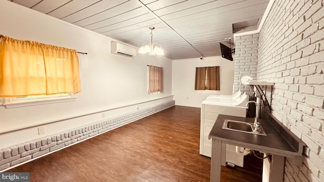 2323 Flag Marsh, Mount Airy, MD 21771 - kitchen with a wall unit AC, dark wood-style flooring, a chandelier, brick wall, and wooden ceiling