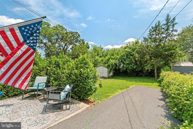 4433 Forest View Ave, Baltimore, MD 21206 - view of grassy yard featuring a storage unit and a patio area