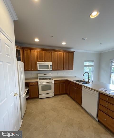 302 Lisa, Cinnaminson, NJ 08077 - kitchen featuring white appliances, ornamental molding, brown cabinetry, light countertops, and recessed lighting