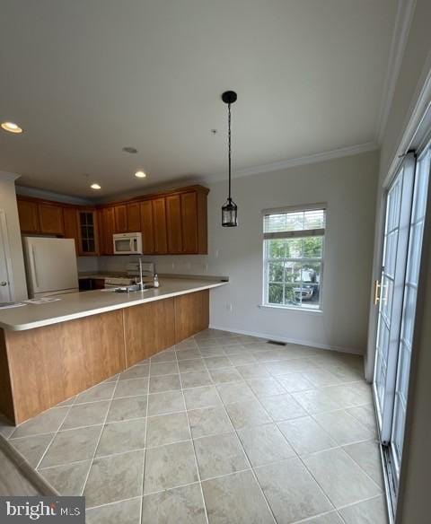 302 Lisa, Cinnaminson, NJ 08077 - kitchen with white appliances, ornamental molding, light tile patterned floors, brown cabinets, and a peninsula