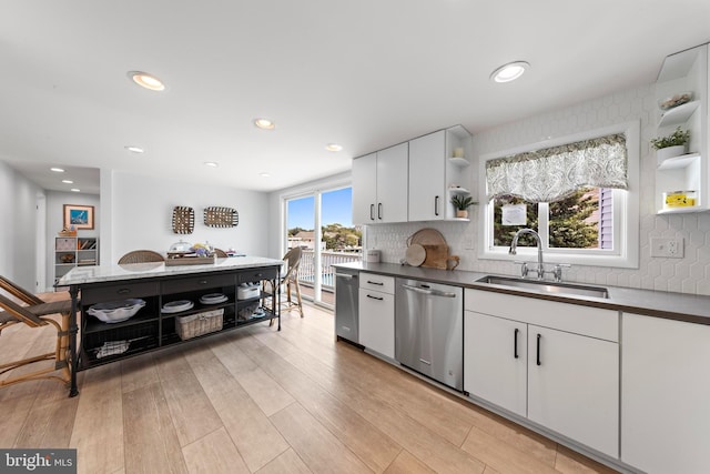 44 Harbor Ln, Long Beach Township, NJ 08008 - kitchen featuring open shelves, dishwasher, dark countertops, tasteful backsplash, and recessed lighting