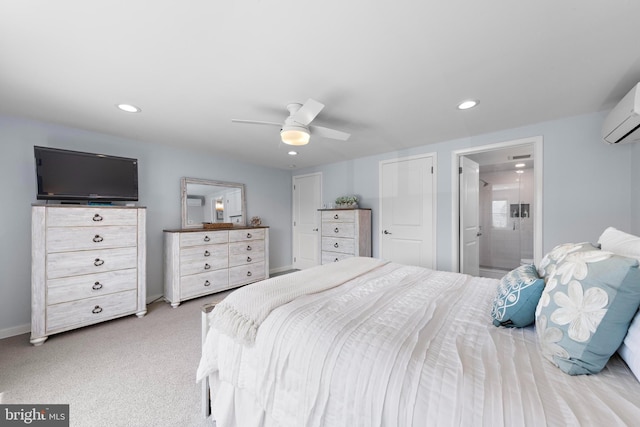 44 Harbor Ln, Long Beach Township, NJ 08008 - bedroom with recessed lighting, a wall mounted AC, ceiling fan, light carpet, and ensuite bathroom