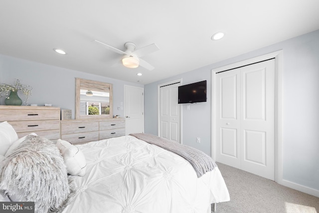 44 Harbor Ln, Long Beach Township, NJ 08008 - bedroom with multiple closets, carpet floors, recessed lighting, and a ceiling fan