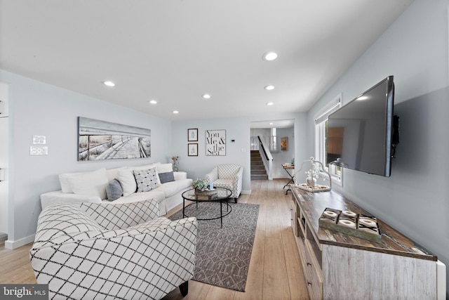 44 Harbor Ln, Long Beach Township, NJ 08008 - living room featuring stairs, light wood-style flooring, and recessed lighting