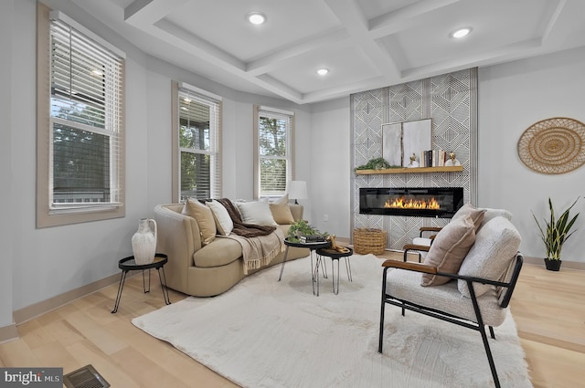3708 Fairview Ave, Baltimore, MD 21216 - living room featuring coffered ceiling, wood finished floors, a fireplace, recessed lighting, and beamed ceiling