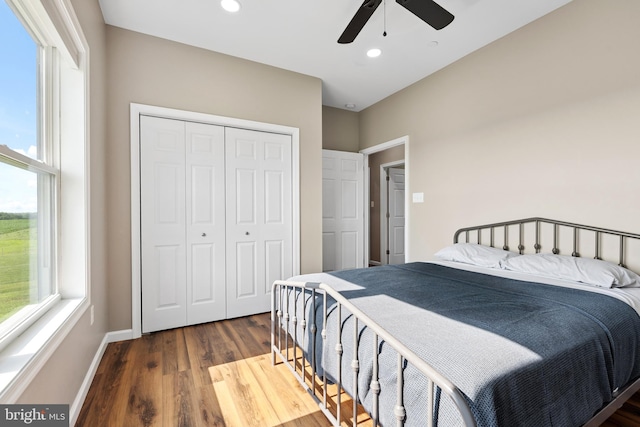11745 Ashton Rd, Clear Spring, MD 21722 - bedroom with dark wood-style flooring, a closet, recessed lighting, and ceiling fan