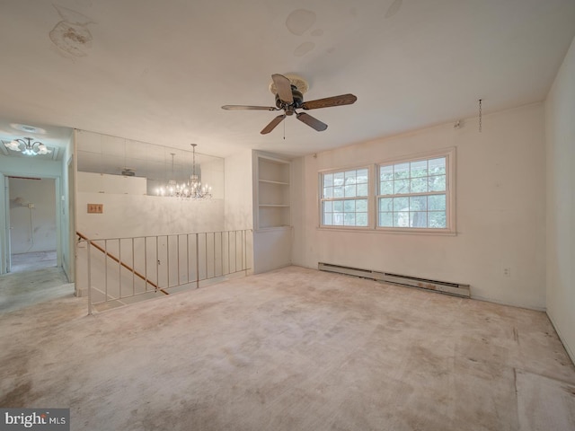 13217 Kephart Ln, Woodbridge, VA 22193 - empty room featuring baseboard heating, ceiling fan, a chandelier, and carpet floors