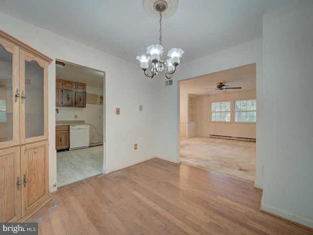 13217 Kephart Ln, Woodbridge, VA 22193 - unfurnished dining area with a chandelier, baseboard heating, light wood-style flooring, and ceiling fan