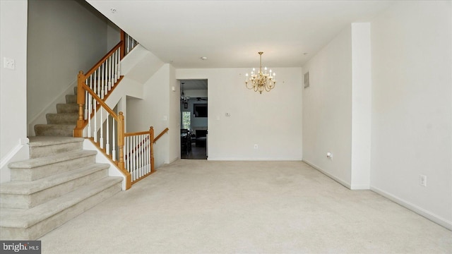 28 Buttonwood Ct, Baltimore, MD 21237 - unfurnished living room with carpet floors, a chandelier, and stairs