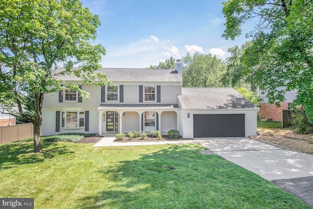 8328 Tuckerman Ln, Potomac, MD 20854 - traditional-style home featuring a garage, driveway, a chimney, brick siding, and a shingled roof