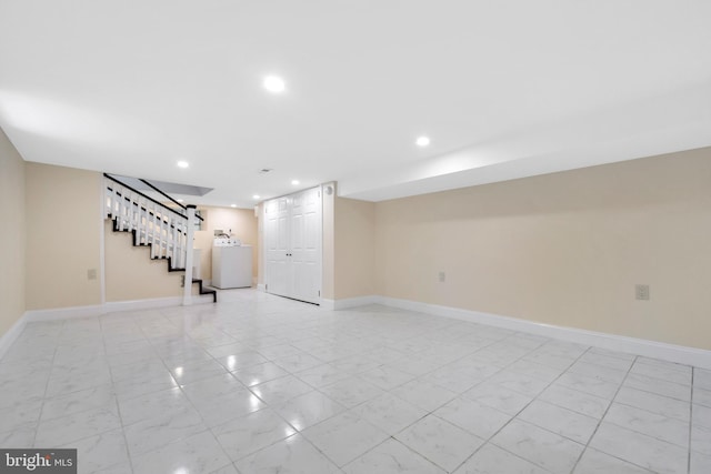 277 Ardmore Ave, Lansdowne, PA 19050 - finished basement featuring washer / clothes dryer, recessed lighting, light marble finish flooring, and stairs