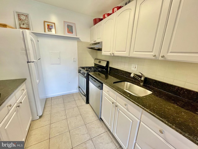 12207 Academy Way Unit 149 7, Rockville, MD 20852 - kitchen featuring stainless steel appliances, under cabinet range hood, backsplash, white cabinetry, and dark stone counters