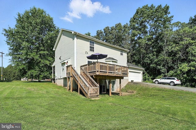 5302 Sumerduck Rd, Sumerduck, VA 22742 - rear view of house with a wooden deck, stairs, a garage, and a lawn