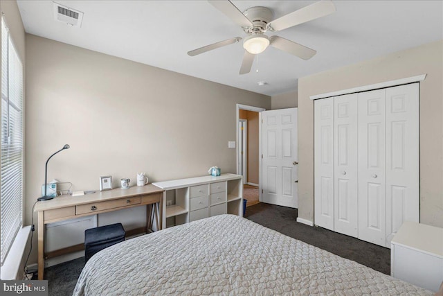 45 Sassafras Dr, Sicklerville, NJ 08081 - bedroom featuring dark carpet, a closet, and ceiling fan