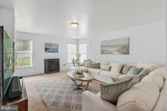 45 Sassafras Dr, Sicklerville, NJ 08081 - living area featuring carpet, plenty of natural light, and a warm lit fireplace