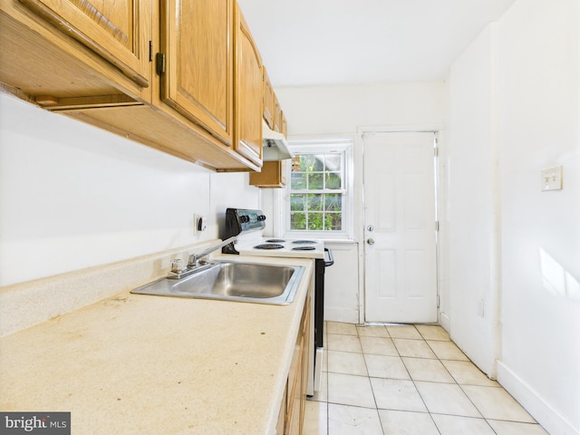 5219 Beaumont Ave, Philadelphia, PA 19143 - kitchen with white electric range, light countertops, light tile patterned floors, and brown cabinets