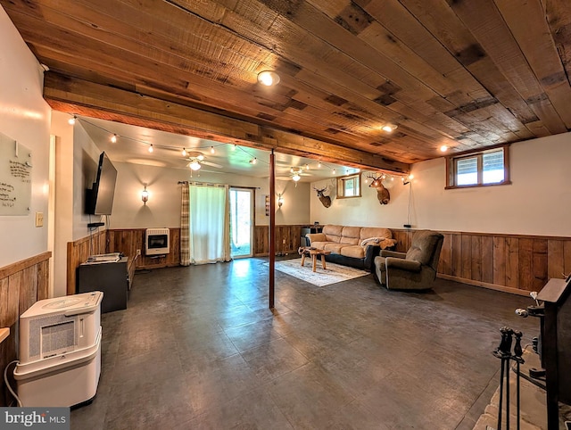 22262 Deer Run, Shade Gap, PA 17255 - living room featuring a wainscoted wall, heating unit, wood ceiling, wood walls, and a ceiling fan