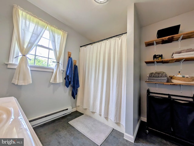 22262 Deer Run, Shade Gap, PA 17255 - bathroom featuring baseboard heating, concrete floors, and a shower with curtain