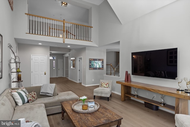 62 Brooks Rd, Moorestown, NJ 08057 - living room with wood finished floors, high vaulted ceiling, and stairs