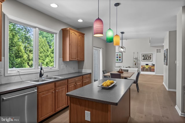 62 Brooks Rd, Moorestown, NJ 08057 - kitchen with stainless steel dishwasher, dark countertops, tasteful backsplash, a kitchen island, and recessed lighting