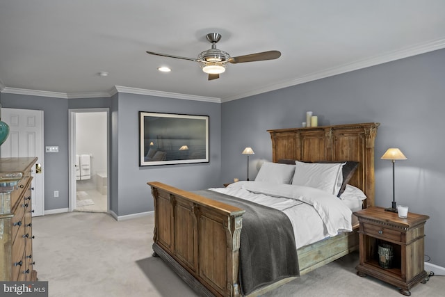 62 Brooks Rd, Moorestown, NJ 08057 - bedroom featuring light colored carpet, crown molding, ensuite bath, ceiling fan, and recessed lighting