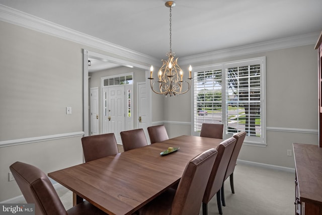 62 Brooks Rd, Moorestown, NJ 08057 - dining area with a chandelier, crown molding, and light colored carpet