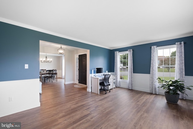 107 Heathfield Ct, Middletown, DE 19709 - office area with a chandelier, wood finished floors, and ornamental molding