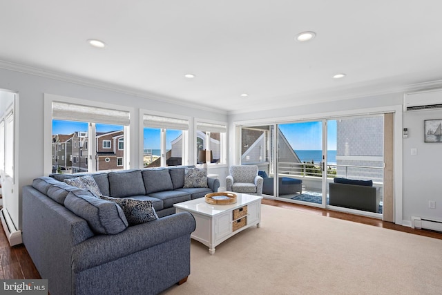 10 11th St, Beach Haven, NJ 08008 - living room with an AC wall unit, ornamental molding, wood finished floors, a water view, and recessed lighting