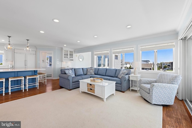 10 11th St, Beach Haven, NJ 08008 - living area featuring crown molding, wood finished floors, and recessed lighting