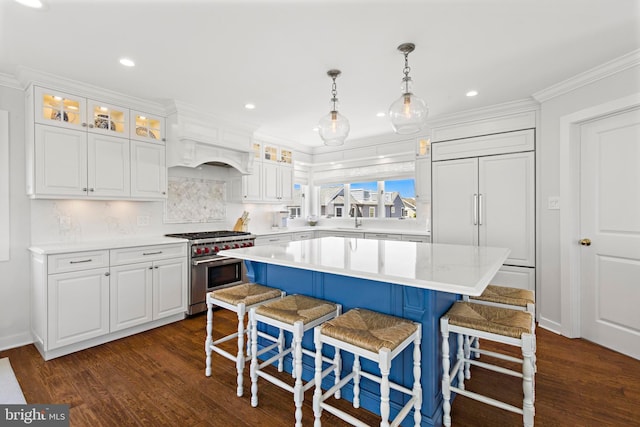 10 11th St, Beach Haven, NJ 08008 - kitchen featuring high quality appliances, dark wood finished floors, white cabinetry, crown molding, and a kitchen bar