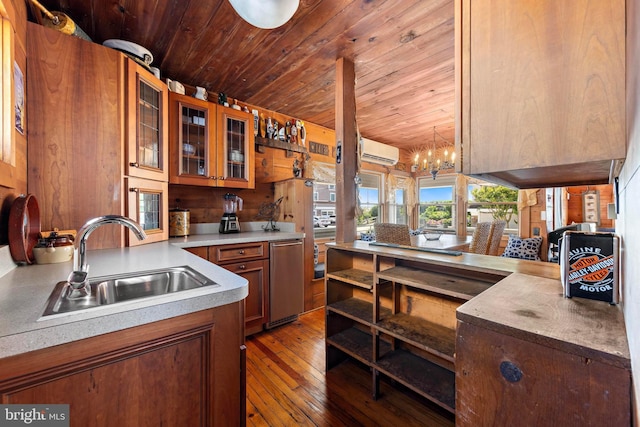 10 11th St, Beach Haven, NJ 08008 - kitchen with wooden ceiling, a wall mounted AC, hardwood / wood-style floors, a chandelier, and brown cabinets