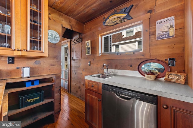10 11th St, Beach Haven, NJ 08008 - kitchen with stainless steel dishwasher, wooden ceiling, wood walls, wood-type flooring, and light countertops