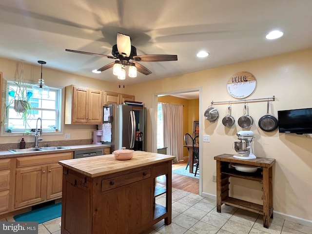 210 W Walnut St, Marietta, PA 17547 - kitchen featuring stainless steel refrigerator with ice dispenser, butcher block counters, ceiling fan, decorative light fixtures, and light tile patterned floors