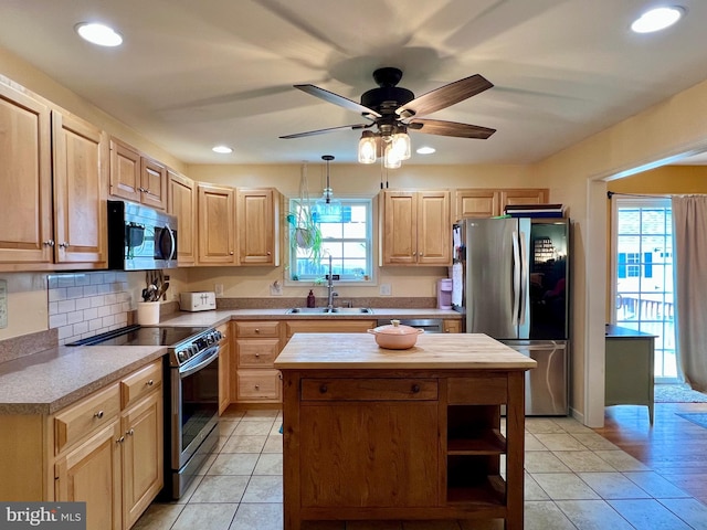210 W Walnut St, Marietta, PA 17547 - kitchen with appliances with stainless steel finishes, light brown cabinetry, light tile patterned floors, and recessed lighting