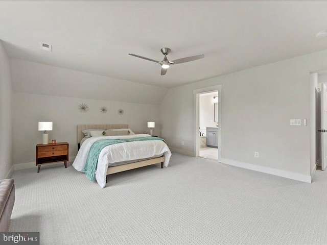 11433 Popes Head Rd, Fairfax, VA 22030 - bedroom featuring light carpet, vaulted ceiling, a ceiling fan, and ensuite bath