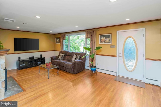 803 Libby Ln, Langhorne, PA 19053 - living area featuring ornamental molding, wood finished floors, a baseboard radiator, and recessed lighting